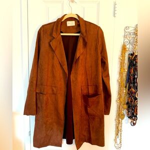 🎀 NWOT NEW Beautiful JACKET 3/4 COAT Faux Suede Brown & Pockets Sz L 🎀
